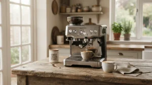 Optimized shot consistency temperature control highlighted on a sleek PID-controlled espresso machine for consistency on a wooden countertop.