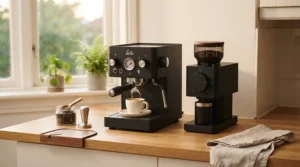 A sleek PID-controlled espresso machine sitting on a modern kitchen counter next to a grinder and ceramic mug.