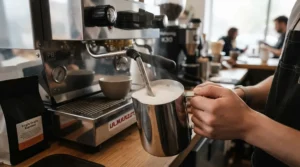 Steaming milk with the steam wand of a stainless steel PID-controlled espresso machine for latte art.