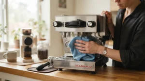 Routine maintenance and cleaning of a PID-controlled single boiler espresso machine group head.