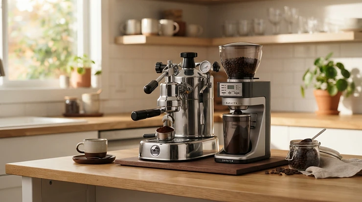A sleek PID-controlled single boiler espresso machine set up on a modern kitchen countertop next to a grinder.