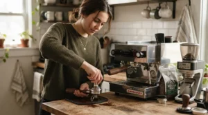 A person preparing a morning beverage using a PID-controlled single boiler espresso machine.