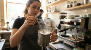 Steaming milk for a latte art throw with a PID-controlled single boiler espresso machine.