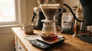 Demonstrating brewing consistency with a PID-controlled single boiler espresso machine and scale.