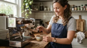 A novice user pulling their very first shot using a PID espresso machine for beginners in a cozy apartment