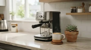 A sleek stainless steel PID espresso machine for beginners styled neatly on a suburban kitchen countertop