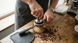 Overhead view of a beginner practicing tamping coffee grounds next to their PID espresso machine for beginners