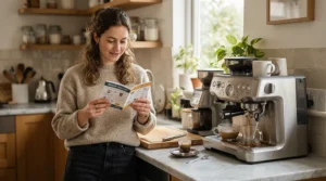 A user reading a quick start guide while operating a PID espresso machine for beginners on a lazy Sunday