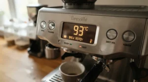 Highlighting the temperature control on a PID espresso machine for espresso and milk drinks.