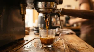 Close-up of a versatile PID espresso machine for espresso and milk drinks extracting a rich shot of espresso.