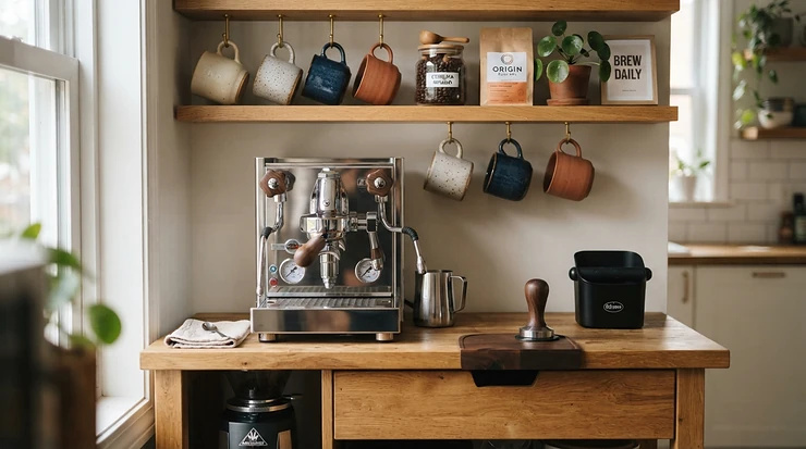 An all-around home coffee station featuring a PID espresso machine for espresso and milk drinks and accessories.