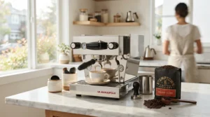 A sleek PID espresso machine for espresso and milk drinks set up on a modern kitchen counter with fresh coffee beans.