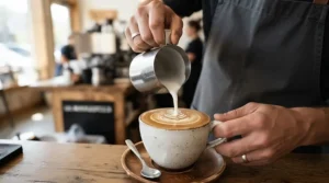 Pouring steamed milk for a latte using a PID espresso machine for espresso and milk drinks in a sunlit apartment.