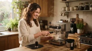 A person preparing breakfast beverages with their PID espresso machine for espresso and milk drinks.