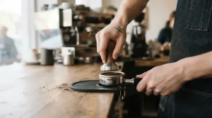 Tamping coffee grounds before brewing with a PID espresso machine for espresso and milk drinks.