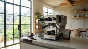 Polished stainless steel dual boiler espresso machine for commercial use reflecting modern cafe interior design.
