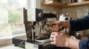 A barista using a PID-controlled espresso machine that highlights exact temperature precision for brewing.