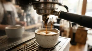 Close-up of a compact thermoblock espresso machine pouring a rich shot of espresso into a ceramic mug.