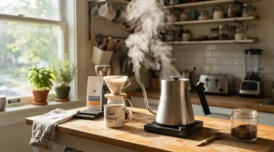 A sleek thermoblock espresso machine heating up quickly on a modern kitchen counter during a busy morning routine.