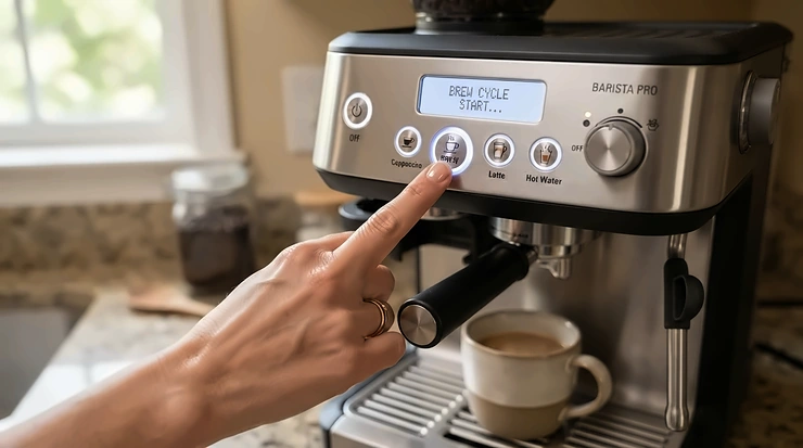 A user pressing the power button on a quick warm-up thermoblock espresso machine ready for daily use.