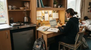 A thermoblock espresso machine featured in a college student apartment for quick and easy coffee brewing.