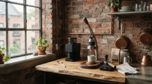 A value thermoblock espresso machine brewing a morning drink in a stylish urban loft kitchen.