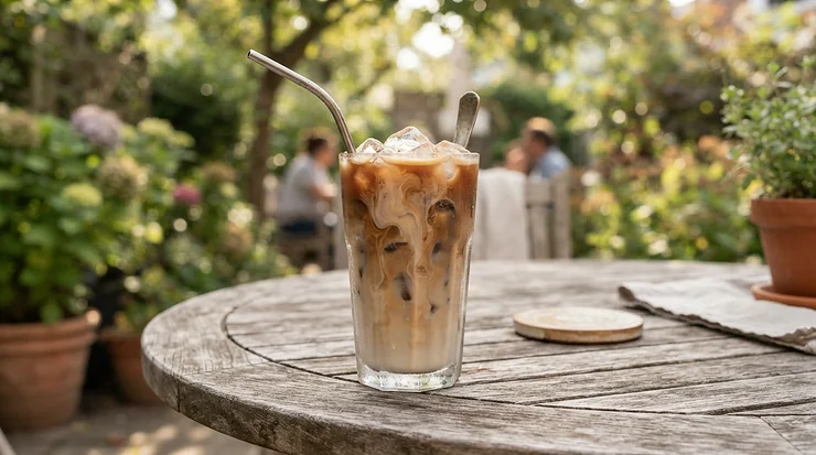 A glass of iced coffee prepared using an affordable Nespresso machine on a sunny patio.