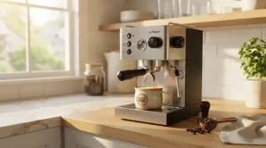 An affordable Nespresso machine sitting on a modern apartment kitchen counter next to a mug.