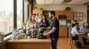 Coworkers gathering around an affordable Nespresso machine in a bright office breakroom.
