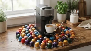 Colorful coffee capsules arranged next to an affordable Nespresso machine on a wooden surface.