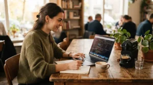 A person checking prices online on a laptop next to an affordable Nespresso machine.