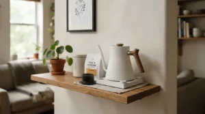 An affordable Nespresso machine saving space on a narrow shelf in a studio apartment.