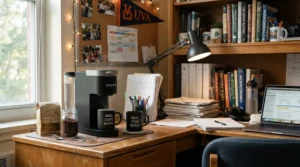 An affordable Nespresso machine set up on a small desk in a college dorm room.