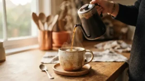 An all-in-one Nespresso machine with built-in frother pouring freshly frothed milk into a ceramic coffee cup.