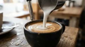 An automatic Nespresso machine with built-in frother creating rich milk foam for a weekend brunch.