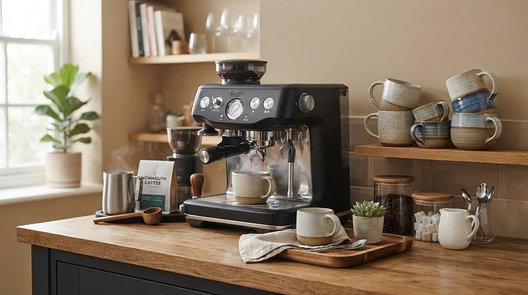A black Nespresso machine with built-in frother set up on a dedicated home coffee bar station.
