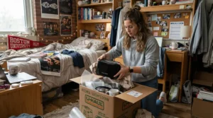 A student packing a compact thermoblock espresso machine for dorm rooms into a cardboard box for moving day.
