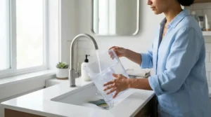 A student easily rinsing the removable water tank of a compact thermoblock espresso machine for dorm rooms in a tiny sink.