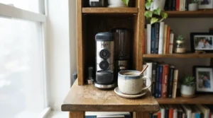 A compact thermoblock espresso machine for dorm rooms placed in a narrow kitchen shelf in a college apartment.