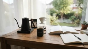 A compact thermoblock espresso machine for dorm rooms sitting neatly on a small wooden student desk next to textbooks.