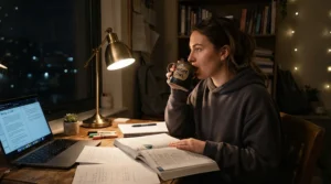 A student enjoying a freshly brewed espresso from a compact thermoblock espresso machine for dorm rooms during a late-night study session.