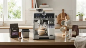 A modern Nespresso machine with built-in frother featuring an attached milk carafe for automatic lattes.
