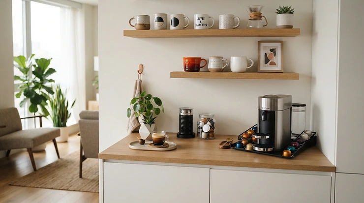 A stylish apartment coffee station featuring a compact Nespresso machine for beginners and mugs.