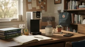 A compact Nespresso machine for beginners set up on a small desk in a college student dorm room.