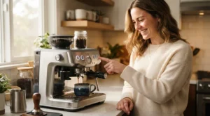 A smiling person using a Nespresso machine for beginners to pour their very first morning espresso.