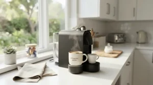 A modern Nespresso machine for beginners sitting on a bright apartment kitchen counter next to a mug.