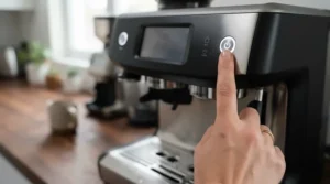 A close-up view of a hand demonstrating one-touch brewing on a Nespresso machine for beginners.