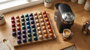 A colorful variety of coffee capsules next to a Nespresso machine for beginners on a wooden table.