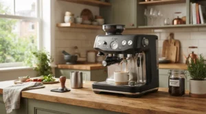 A compact Nespresso machine for milk-based drinks sitting neatly in a small urban apartment kitchen.