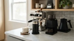 A sleek Nespresso machine for milk-based drinks paired with a frother for homemade cappuccinos.